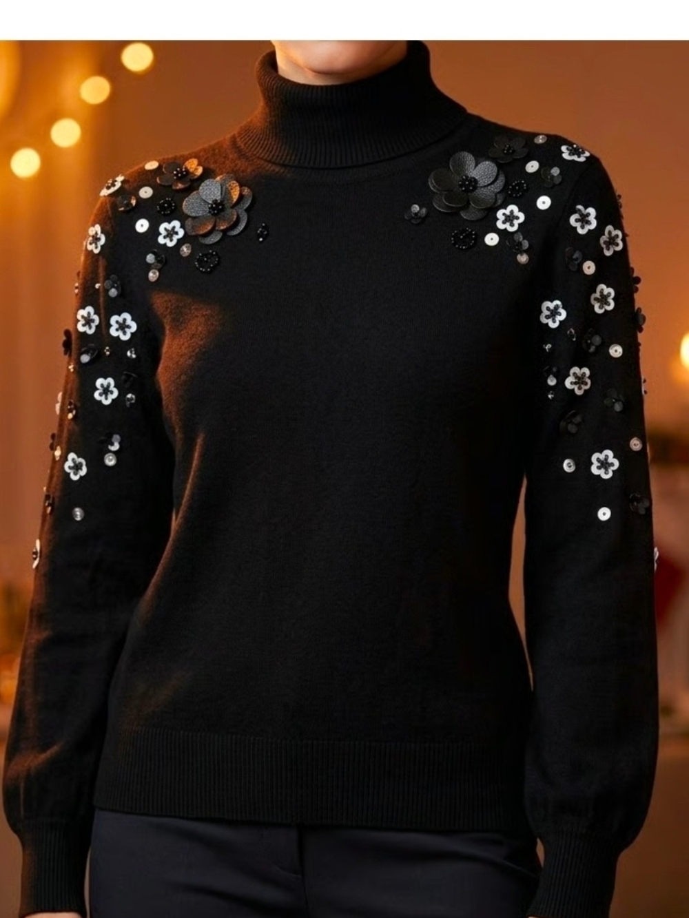 Alfani Black Turtleneck Sweater with Floral Sequin Appliqué